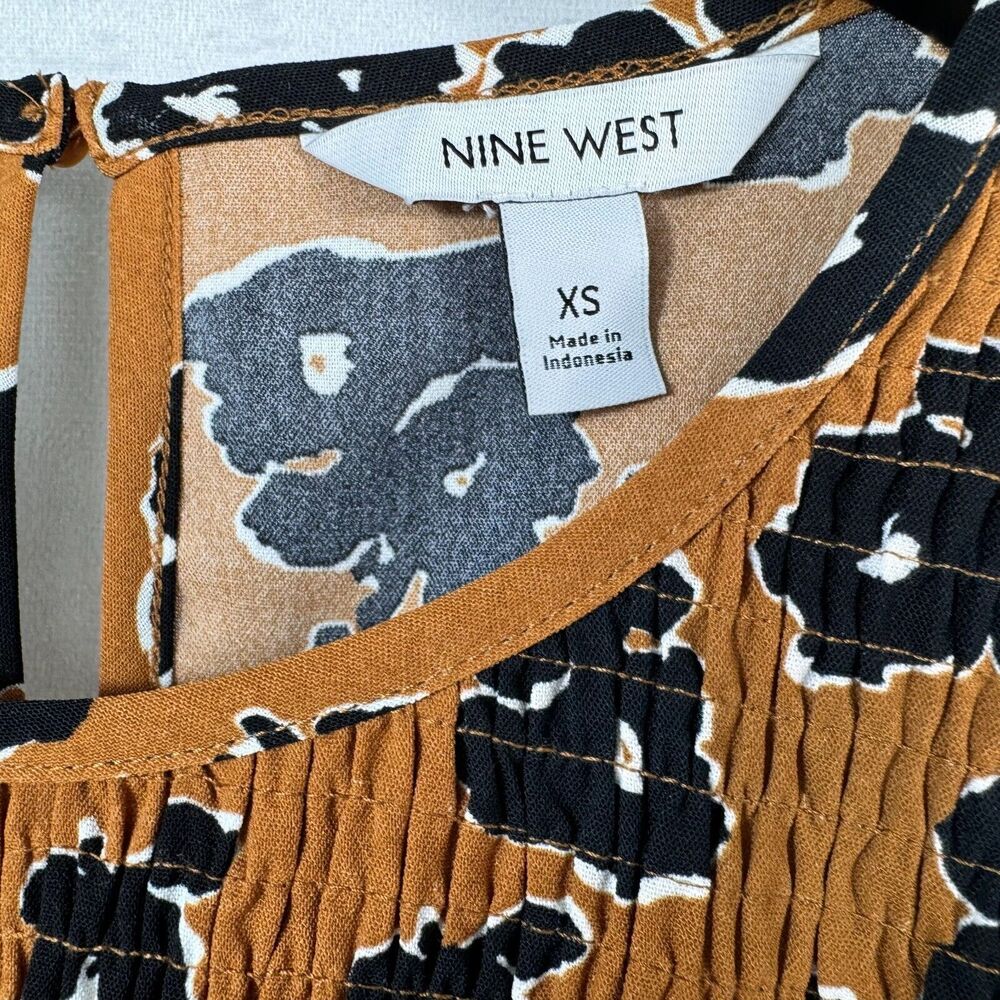 Nine West Blouse Sz XS Smocked Brown Animal Print Peplum Hem ruched top - Picture 3 of 7
